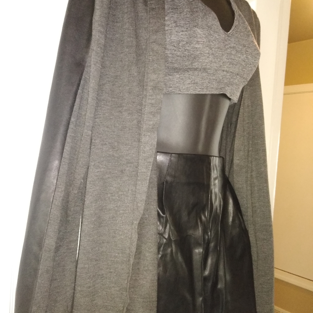 Gray duster with faux leather sleeves
